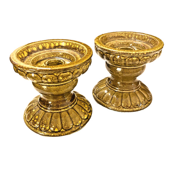 VTG Mid Century Candle Holder Pair Taper Pillar Pottery Ceramic Mottled Green - Picture 3 of 9